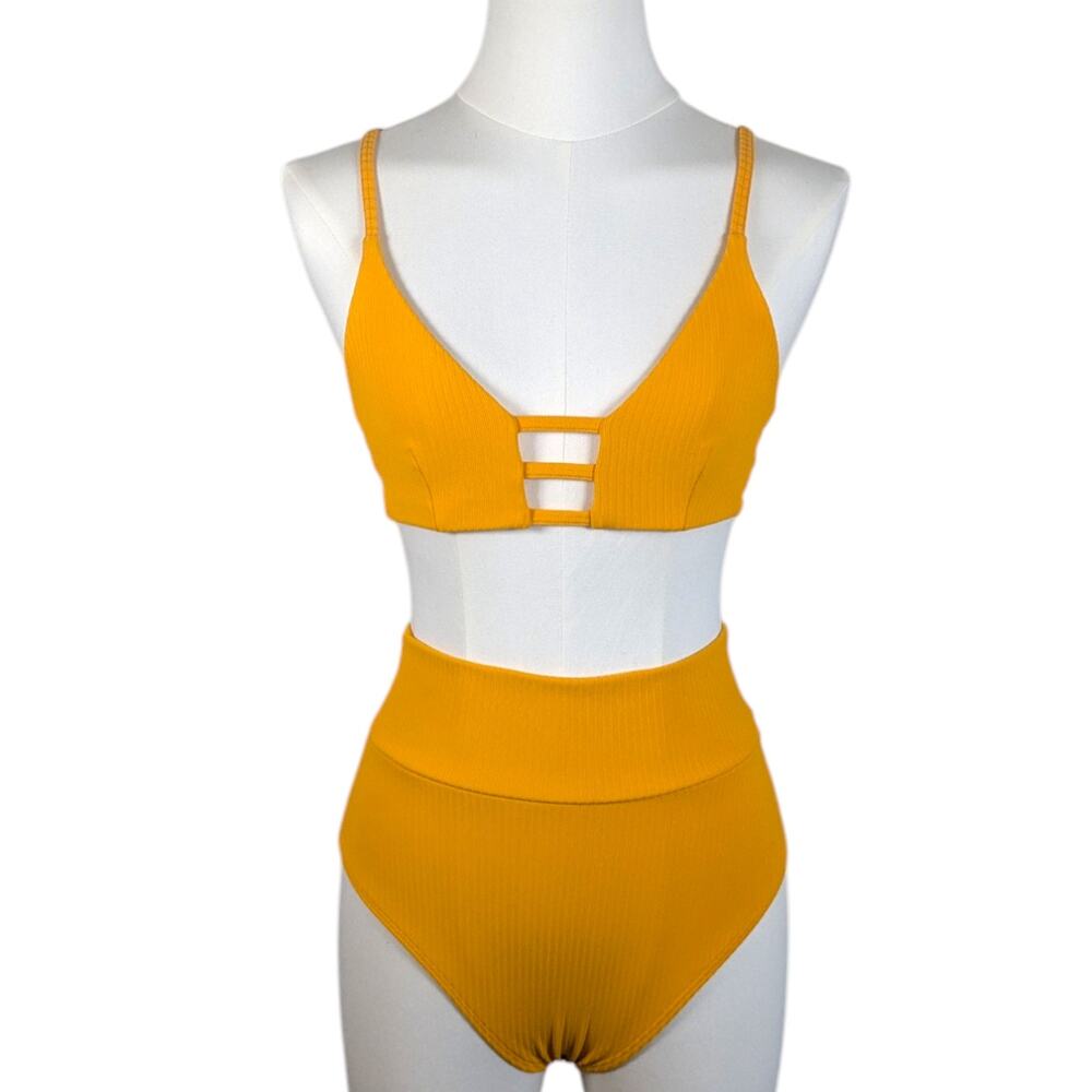 Montce Orange Ribbed High Waist Bikini Bottom Ladder Bra Top Set Women’s Small
